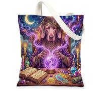 Halloween Witch Weimaraner Dog Canvas Tote Bag for Shopping 13x15, Witchy Puppy Scary Tarot Reusable Grocery Print Bag for Women, Spooky Aesthetic Painting Gift Decor