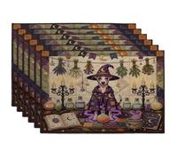 Halloween Witch Whippet Dog Placemats Set of 6, 12x18 Inch, Retro Fun Magic Witchy 6Pcs Soft Table Mats for Home Dinning, Spooky Holiday Party Kitchen Print Pattern Decor