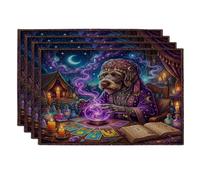 Halloween Witch Wirehaired Pointer Dog Placemats Set of 4, 12x18 Inch, Witchy Puppy Scary Tarot 4Pcs Table Mats for Home Dinning, Spooky Holiday Party Kitchen Print Pattern Decor