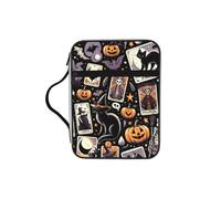 Halloween-Witches-Bats-Skeletons Bible Cover Case with Handle, Water-Resistant Oxford Fabric Bible Bag Organizer with Zipper Pockets for Church