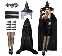 Halloween Witches Costumes for Women, Black Hooded Cloak Witch Cape Witches Hat Spider Web Gloves Lace Masks Fishnet Stockings Nail Stickers Halloween Costumes Accessories for Adult Women Cosplay
