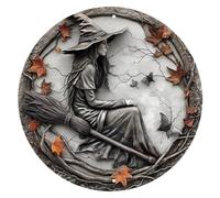 Halloween Witches Flying Broom Aluminum Round Sign Vintage Gothic Witch Plane Metal Sign Suitable for Home Bar Cafe Kitchen Room Bathroom Pary Decor 8x8 inch