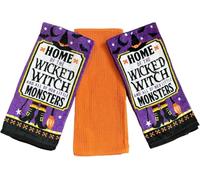 Halloween Witches Kitchen Bath Hand Towels: Purple Black Orange Green Velour Soft and Absorbent 100% Cotton, 3 Pc. Set, Home of The Wicked Witch and All her Little Monsters