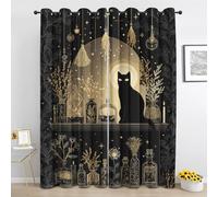 Halloween Witchy Blackout Curtains for Bedroom, Magic Floral Cat Short Curtain 54 Inch Drop 2 Panels, Black and Gold Curtain for Living Room, Window Curtains with Eyelet Jt701