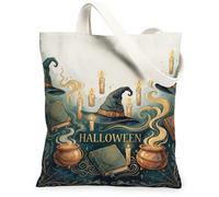 Halloween Witchy Mystical Theme Witch Hat Canvas Tote Bag 13x15 Inch