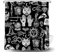 Halloween Witchy Shower Curtain Black Spooky Gothic Alchemy Psychic Spooky Skull Skeleton Ouija Board Magic Witchcraft Occult Hands Palmistry Horror All Saints Day Fabric Bath Curtain Set with Hook