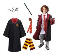 Halloween Wizard Costume Set - Kids Boys Girls Adult Robe Neck Tie Glasses Wand Fancy Dress Cosplay for Men Women Children Teenager World Book Day Wizard Theme Halloween Cosplay Party, 115-125cm