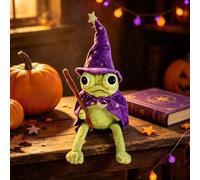 Halloween Wizard Frog Plush, Green Frog Witch Plush with Purple Star Hat Cape and Wand, Spooky Cute Collectible Plush Decor for Halloween Shelf Desk Room Display