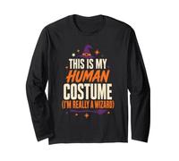 Halloween Wizard This is My Human Costume Witch Hat Broom Long Sleeve T-Shirt