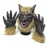 Halloween Wolf Head Mask and Paws - Realistic Fancy Dress Costume Set for Adults | Scary Werewolf Latex Mask with Fur Gloves for Parties, Cosplay & Trick or Treat
