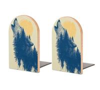 Halloween Wolf Howling in The Forest Vintage Wooden Bookends Shelves 2 PCS Sturdy Book Holders Desktop Organizer for Home Office Libraries