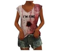 Halloween Women Problem Solved Blood Tank Top Handprint Hands Bloody Splatter Tank Top Bloody Splatter Graphic Shirts Halloween I'm Fine Bloody Blood Vest (Red-2, S)