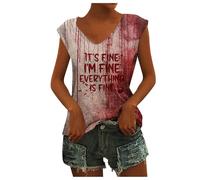 Halloween Women Problem Solved Blood Tank Top Handprint Hands Bloody Splatter Tank Top Bloody Splatter Graphic Shirts Halloween I'm Fine Bloody Blood Vest (Khaki-3, XXL)