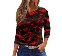 Halloween Women T- Shirt Fall Pumpkin Ghost Print T-Shirts 3/4 Length Sleeve Loose Fit Trendy Top Lightweight Colorful Thanksgiving Outfit Clothes Halloween Fashion Gift Top (Red, XXXL)