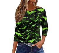 Halloween Women T- Shirt Fall Pumpkin Ghost Print T-Shirts 3/4 Length Sleeve Loose Fit Trendy Top Lightweight Colorful Thanksgiving Outfit Clothes Halloween Fashion Gift Top (Light Green, XXL)