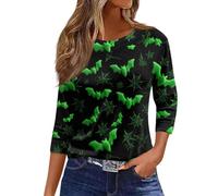 Halloween Women T- Shirt Fall Pumpkin Ghost Print T-Shirts 3/4 Length Sleeve Loose Fit Trendy Top Lightweight Colorful Thanksgiving Outfit Clothes Halloween Fashion Gift Top (Green, L)