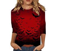 Halloween Women T- Shirt Funny Pumpkin Printed Spooky Season Shirts 3/4 Length Sleeve Top Comfort Lightweight Thanksgiving Basic Blouse Home Halloween Decorating Costume (Wine, XL)