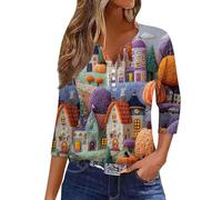 Halloween Women T- Shirt Ghost Doodles Buttons Neck Spooky Season Shirt 3/4 Length Sleeve Casual Top Lightweight Colorful Thanksgiving Outfit Clothes Halloween Themed Parties Costume (Sky Blue, XL)