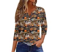 Halloween Women T- Shirt Pumpkin Print Crewneck Costume 3/4 Length Sleeve Spooky Fashion Tee Lightweight Colorful Thanksgiving Outfit Clothes Halloween Themed Parties Costume (Dark Blue, XXL)