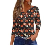 Halloween Women T- Shirt Pumpkin Print Crewneck Costume 3/4 Length Sleeve Spooky Fashion Tee Lightweight Colorful Thanksgiving Outfit Clothes Halloween Themed Parties Costume (Bronze, M)