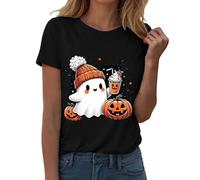 Halloween Women T- Shirt Spooky Season Funny Printed Shirts Short Sleeve Top Colorful Playful Quirky Outfit Clothes Halloween Thanksgiving Gift Tops (Black, XXL)