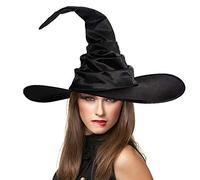 Halloween Women Witch Hat with Folds Black Ruched Crooked Wicked Witch Hat Devil Spider Wizard Hat for Costume Cosplay Party (A-Black Folds, 43cm*33cm)