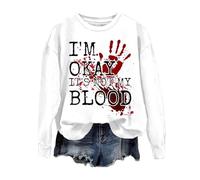 Halloween Womens Boobs Bloody Hands Funny Costume Sweatshirt Women Hocus Pocus Ghost Ice Coffee Long Sleeve Shirts Basic Pullover Tops Winter Tunic Bloodstained Outfits, White, XL