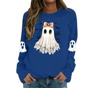 Halloween Women's Ghost Print Top - Long Sleeve Casual Slim Fit Vintage Chic Pullover Gothic Style Cosplay Renaissance Soft Comfortable Carnival Party Clothes, Blue, L