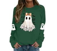 Halloween Women's Ghost Print Top - Long Sleeve Casual Slim Fit Vintage Chic Pullover Gothic Style Cosplay Renaissance Soft Comfortable Carnival Party Clothes, Green, XL