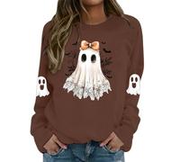 Halloween Women's Ghost Print Top - Long Sleeve Casual Slim Fit Vintage Chic Pullover Gothic Style Cosplay Renaissance Soft Comfortable Carnival Party Clothes, coffee, XL