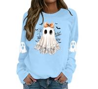 Halloween Women's Ghost Print Top - Long Sleeve Casual Slim Fit Vintage Chic Pullover Gothic Style Cosplay Renaissance Soft Comfortable Carnival Party Clothes, Bright blue, XXL