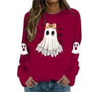 Halloween Women's Ghost Print Top - Long Sleeve Casual Slim Fit Vintage Chic Pullover Gothic Style Cosplay Renaissance Soft Comfortable Carnival Party Clothes, Wine, S