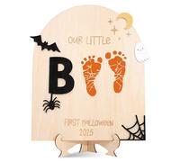 Halloween Wood Plaque - Boo Wooden Footprint Sign, My first Halloween Wood Sign, Our Little Boo 1st Year Birthday Decorations, Baby Shower Decors With Standee, 2025 Milestone Photo Prop Decoration