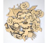 Halloween Wooden Craft Shapes, 36 Pieces, Laser Cut Decorations, Mixed Designs Including Pumpkins, Bats, Spiders, Ghost