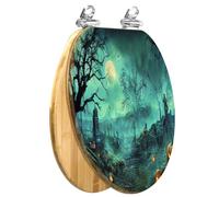 Halloween Wooden Elongated Toilet Seat Pumpkins Graveyard Spooky Night Backdrop Slow Quiet Close Quick-Release Hinges Bumpers Easy Clean Install