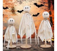 Halloween Wooden Ghost Decorations for Indoors - Set of 3 Sizes, Rustic Shelf Sitters with Fabric Ghost Figures - Halloween Table Decor for Tiered Trays, Mantles, Halloween Party Supplies (White)