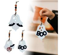 Halloween Wooden Hanging Ornament Carved for Home Party Festival Holiday Shelf Desk Decorative Hangs 3PCS (White, 8. 6cm x 10cm)