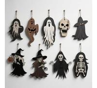 Halloween Wooden Hanging Ornaments - 18-Piece Spooky Ghost Bat Spider Set with Jute Twine (1, Ghost bat)