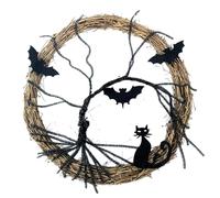 Halloween Wreath, 15.7 Inch Lighted Bat and Black Cat Halloween Door Wreath, LED Spooky Black Hanging Twig for Door Window, Wall