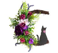 Halloween Wreath with Black Cat on Crescent Moon - Handcrafted Grapevine Decor with Roses, Party Decor for Front Door, Indoor Outdoor Wall Window Fence(Star Cat Morning Glory)