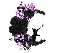 Halloween Wreaths Decor for Front Door, 13.77" Halloween Moon Wreath with Black Cat Wood Wreath Halloween Wreath Horror Decorations for Window Wall Indoor Outdoor (Style A, Without LED Light)