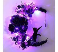 Halloween Wreaths Decor for Front Door, 35cm/13.77" Halloween Moon Wreath with Black Cat Wood Wreath Halloween Wreath Horror Decorations for Home Party Window Wall Indoor Outdoor (A, With light)
