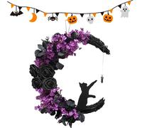 Halloween Wreaths for Front Door Halloween Moon Wreath with Black Cat Grapevine Wreath Halloween Cat Door Wreath Horror Decorations for Home Party Window Wall Indoor Outdoor