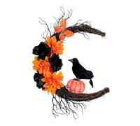 Halloween Wreaths For Front Door, Halloween Orange Pumpkin Black Crow Moon Wreath, Halloween Wreath Horror Decorations For Home Party Window Wall Indoor Outdoor, Autumn Door Wreaths For Front