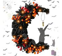 Halloween Wreaths Moon Cat Wreath with Rose Cat Door Wreath Cute Cat Garland Light up Moon Cat Wreath with Rose for Front Door Gardern Indoor Outdoor Window Farmhouse Porch Wall(With lights)