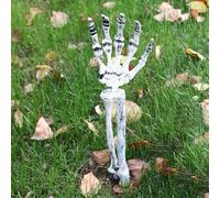 Halloween yard skeleton decoration with skull and hand stakes, designed to enhance spooky scenes in gardens or front yards with weatherproof plastic material (A One hand)