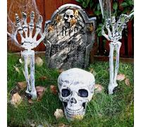 Halloween yard skeleton decoration with skull and hand stakes, designed to enhance spooky scenes in gardens or front yards with weatherproof plastic material (C Three-piece sets)