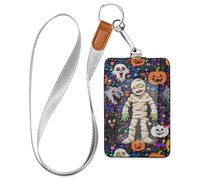 Halloween Yellow Pumpkin Zombie Leather Cute Badge Holder with Lanyard and 3-Card Capacity id Card Holder Vertical for Office School IDs,Hotel Key Cards, Pass Cards