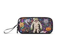 Halloween Yellow Pumpkin Zombie Nylon Large Pencil Bag for Boys Large Capacity Big Zipper Pencil Case School Stationery for Elementary Kids