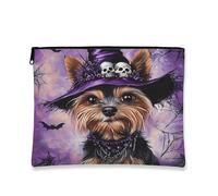 Halloween Yorkie Dog Makeup Bag 7x9 Inch for Travel Purse, Fun Gothic Witch Bat Pattern Cosmetic Pouch for Women, Witchy Portable Canvas Zipper Organizer